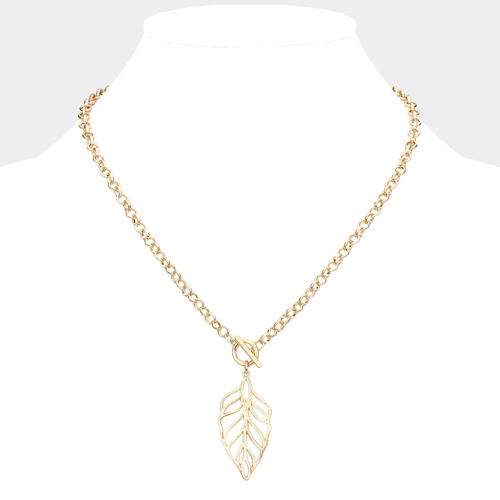 Madeline Love Worn Gold Cut Out Metal Leaf Pendant Toggle Necklace - Necklaces