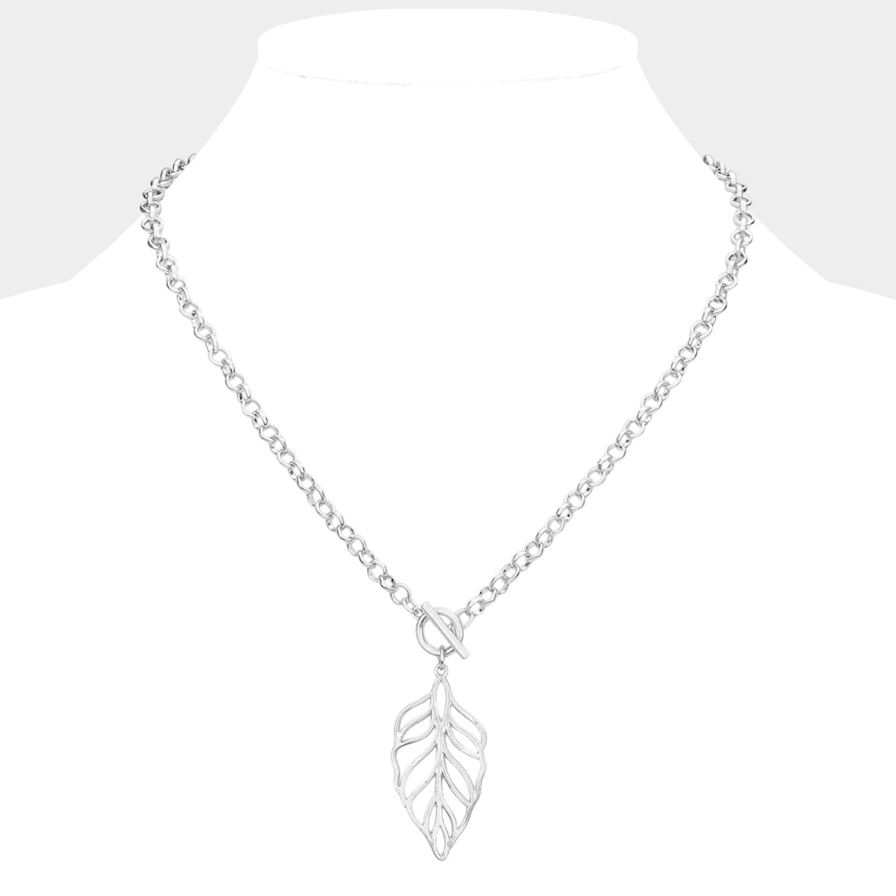 Madeline Love Worn Silver Cut Out Metal Leaf Pendant Toggle Necklace - Necklaces