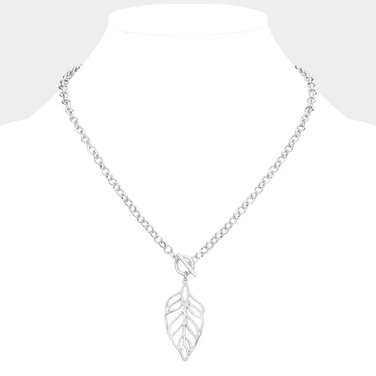 Madeline Love Worn Silver Cut Out Metal Leaf Pendant Toggle Necklace - Necklaces