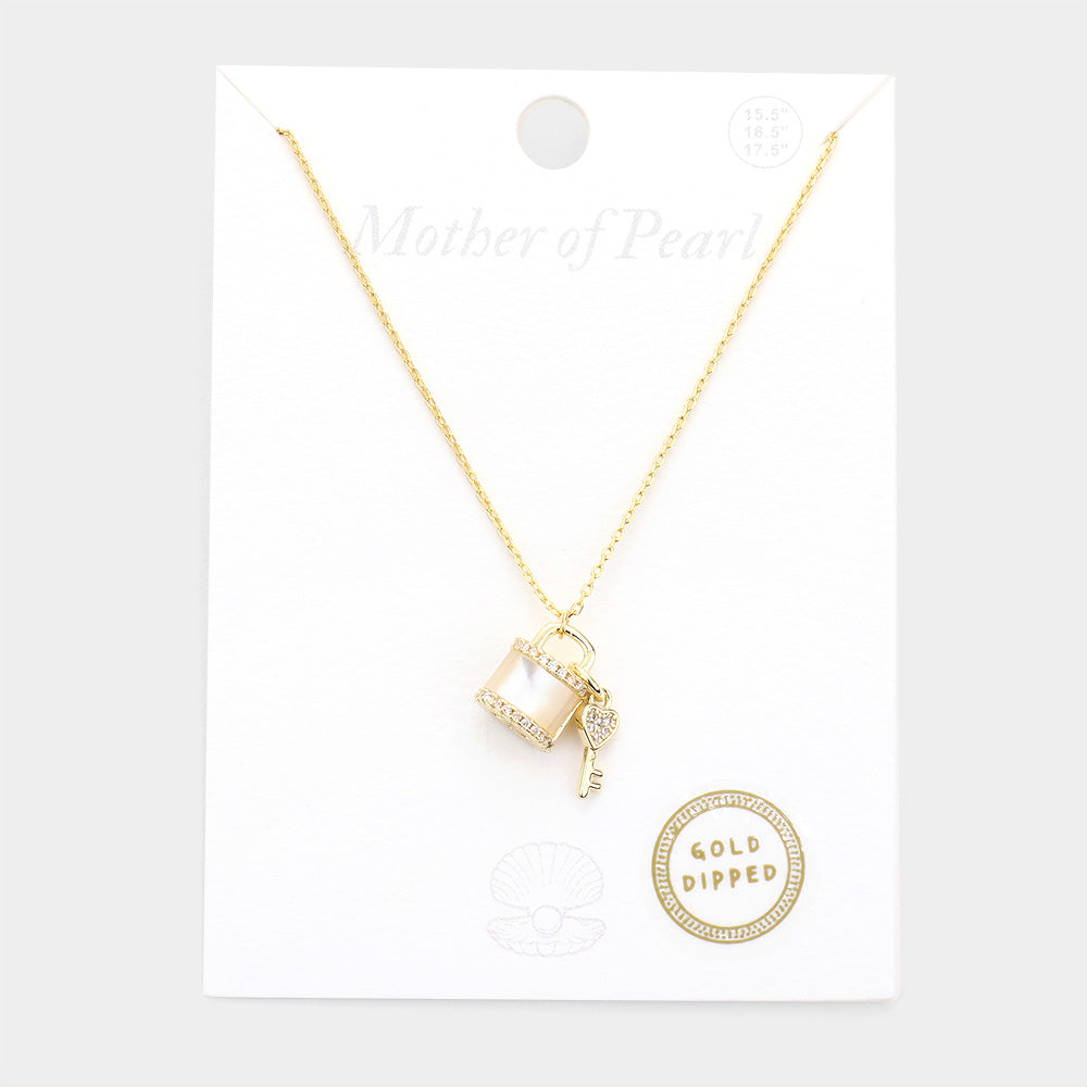 Madeline Love Mother of Pearl Gold Dipped Mother of Pearl Lock Key Pendant Necklace - Necklaces