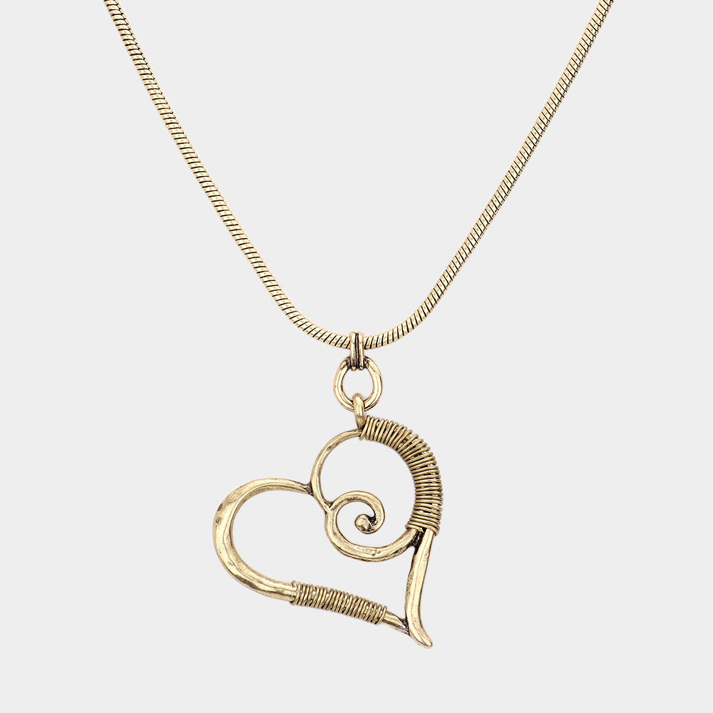 Open Heart Vintage Metal Necklace - Gold Burnished - Necklaces