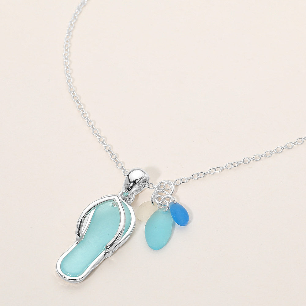 Madeline Love Blue, Silver Sea Glass Flip Flop Charm Pendant Necklace - Jewelry