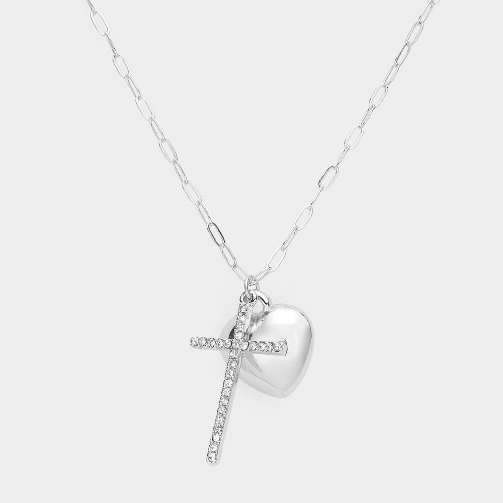 Madeline Love Rhodium Stone Paved Cross Metal Heart Pendant Necklace - Jewelry