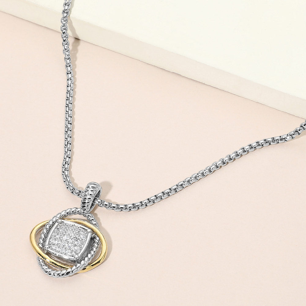Madeline Love Two Tone 14K Gold Plated Two Tone CZ Pave Twisted Frame Geometric Pendant Necklace