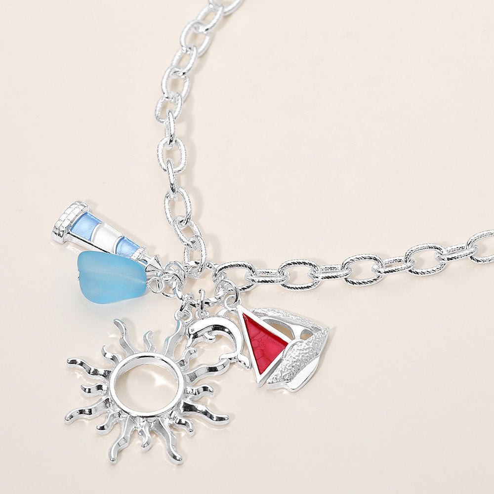 Madeline Love Multi, Silver Nautical Sailboat Sun Lighthouse Sea Glass Charm Pendant Necklace - Jewelry