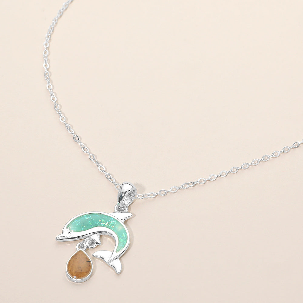 Madeline Love Mint, Silver Dolphin Teardrop Charm Pendant Necklace - Jewelry