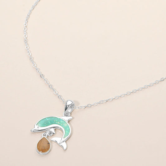 Madeline Love Mint, Silver Dolphin Teardrop Charm Pendant Necklace - Jewelry