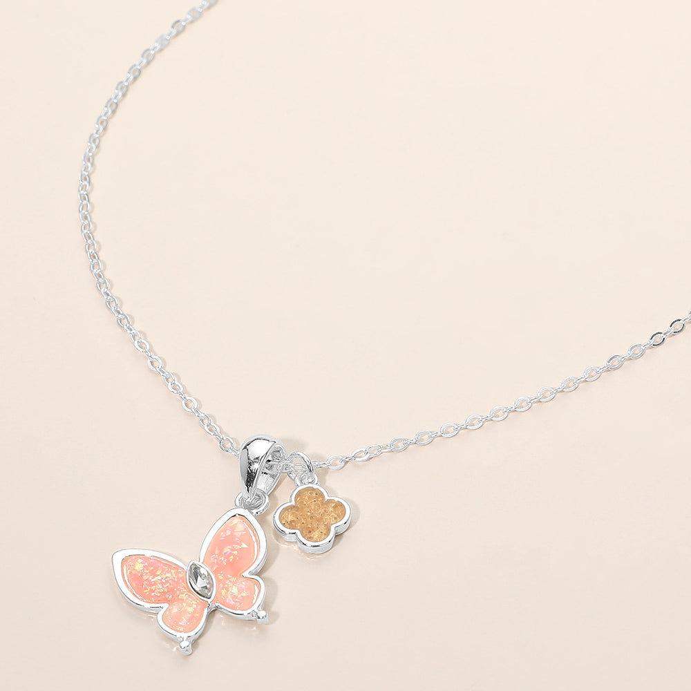 Madeline Love Light, Pink, Silver Quatrefoil Butterfly Charm Pendant Necklace - Jewelry