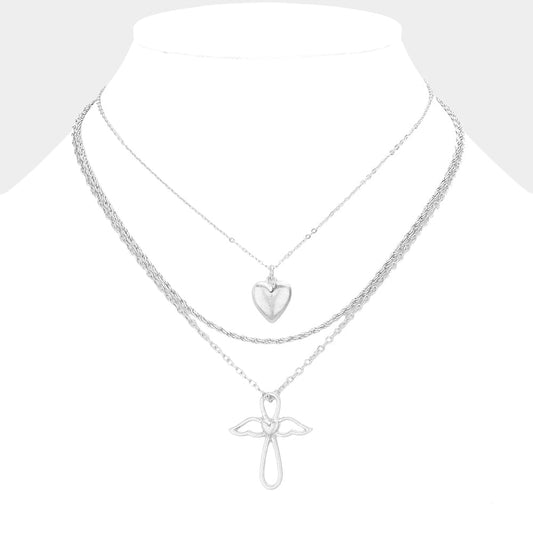 Madeline Love Worn Silver 3PCS - Metal Heart Angel Wing Cross Pendant Necklaces