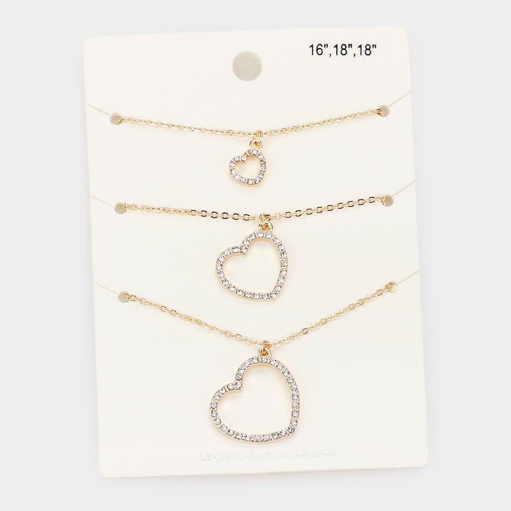 Madeline Love Gold 3PCS - Rhinestone Embellished Open Heart Pendant Necklaces