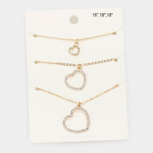 Madeline Love Gold 3PCS - Rhinestone Embellished Open Heart Pendant Necklaces