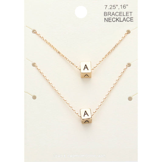 Madeline Love Gold 2PCS - -A- Initial Monogram Metal Cube Pendant Necklace / Bracelet Set - Bracelets