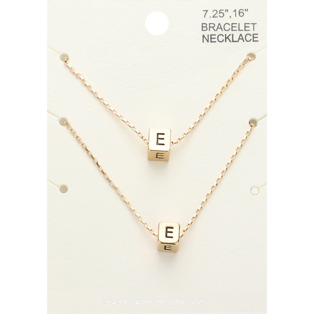 Madeline Love Gold 2PCS - -E- Initial Monogram Metal Cube Pendant Necklace / Bracelet Set - Bracelets