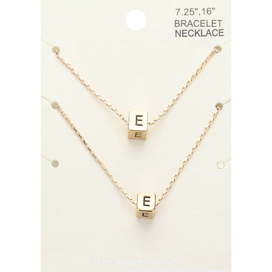 Madeline Love Gold 2PCS - -E- Initial Monogram Metal Cube Pendant Necklace / Bracelet Set - Bracelets