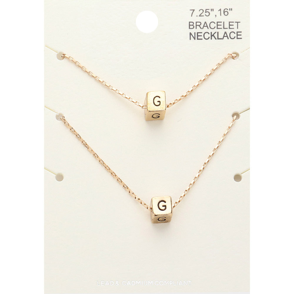 Madeline Love Gold 2PCS - -G- Initial Monogram Metal Cube Pendant Necklace / Bracelet Set - Bracelets