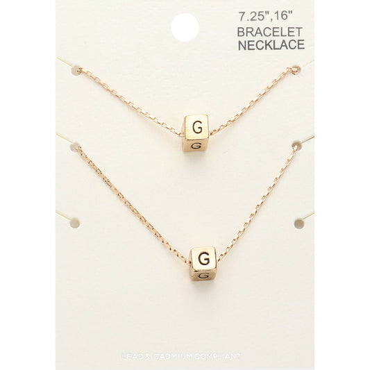 Madeline Love Gold 2PCS - -G- Initial Monogram Metal Cube Pendant Necklace / Bracelet Set - Bracelets