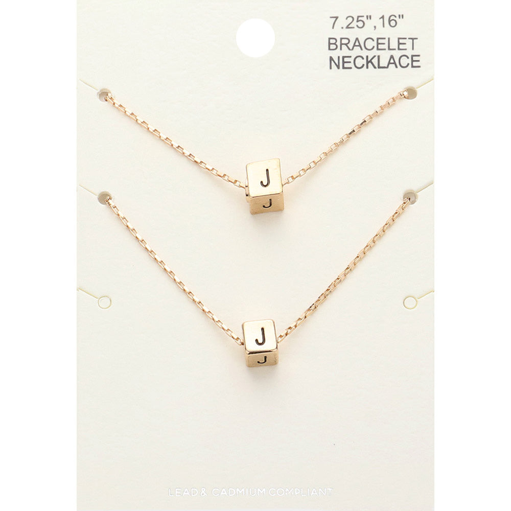 Madeline Love Gold 2PCS - -J- Initial Monogram Metal Cube Pendant Necklace / Bracelet Set - Bracelets