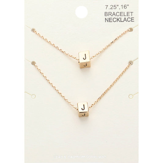 Madeline Love Gold 2PCS - -J- Initial Monogram Metal Cube Pendant Necklace / Bracelet Set - Bracelets