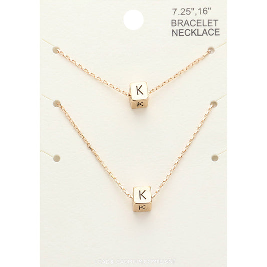 Madeline Love Gold 2PCS - -K- Initial Monogram Metal Cube Pendant Necklace / Bracelet Set - Bracelets