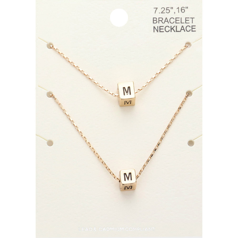 Madeline Love Gold 2PCS - -M- Initial Monogram Metal Cube Pendant Necklace / Bracelet Set - Bracelets