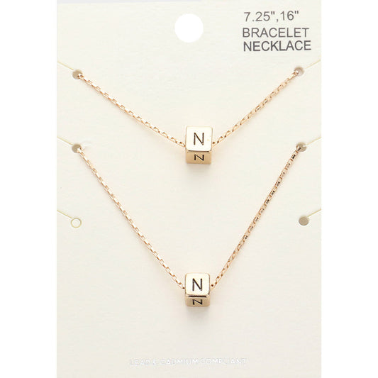 Madeline Love Gold 2PCS - -N- Initial Monogram Metal Cube Pendant Necklace / Bracelet Set - Bracelets