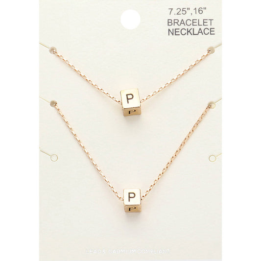 Madeline Love Gold 2PCS - -P- Initial Monogram Metal Cube Pendant Necklace / Bracelet Set - Bracelets