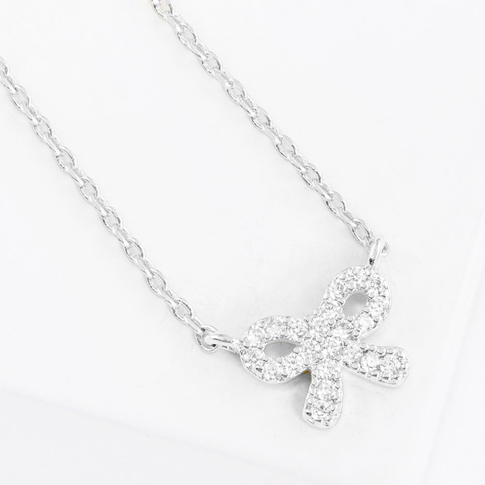 Madeline Love Clear, Rhodium White Gold Dipped CZ Stone Paved Bow Pendant Necklace - Jewelry