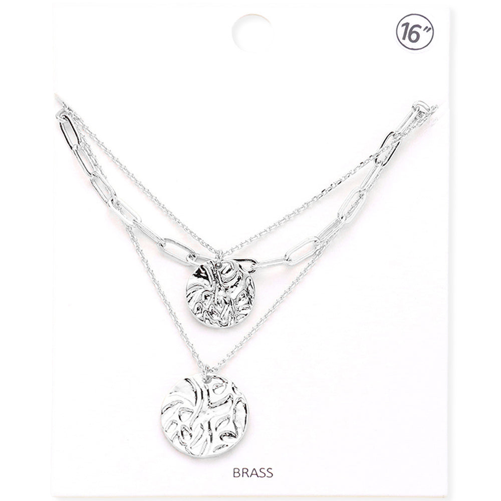 Madeline Love Rhodium Brass Metal Crushed Metal Disc Pendant Triple Layered Necklace - Necklaces