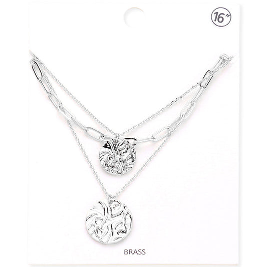 Madeline Love Rhodium Brass Metal Crushed Metal Disc Pendant Triple Layered Necklace - Necklaces