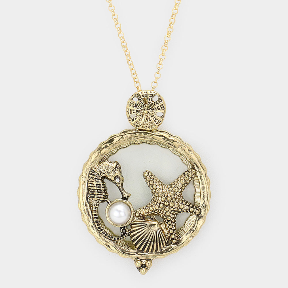 Madeline Love Gold Seahorse Starfish Shell Pearl Magnifying Glass Pendant Long Necklace - Necklaces