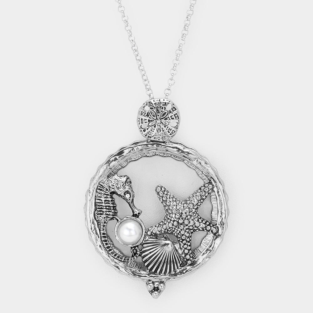Madeline Love Rhodium Seahorse Starfish Shell Pearl Magnifying Glass Pendant Long Necklace - Necklaces