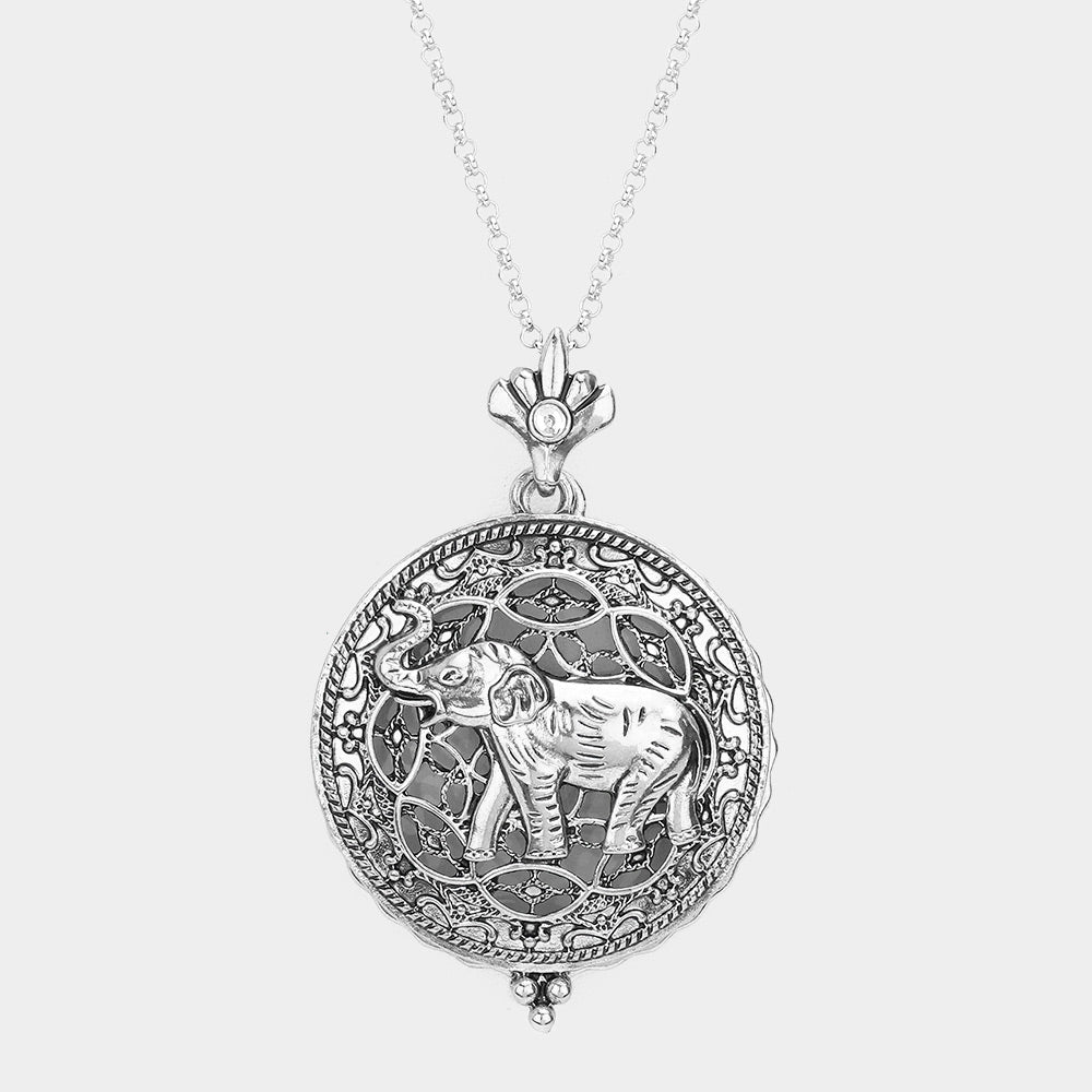 Madeline Love Antique Rhodium Elephant Magnifying Glass Pendant Long Necklace - Necklaces