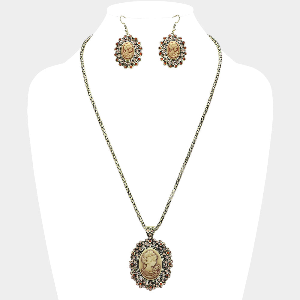 Madeline Love Brown Rhinestone Paved Cameo Pointed Pendant Necklace - Jewelry