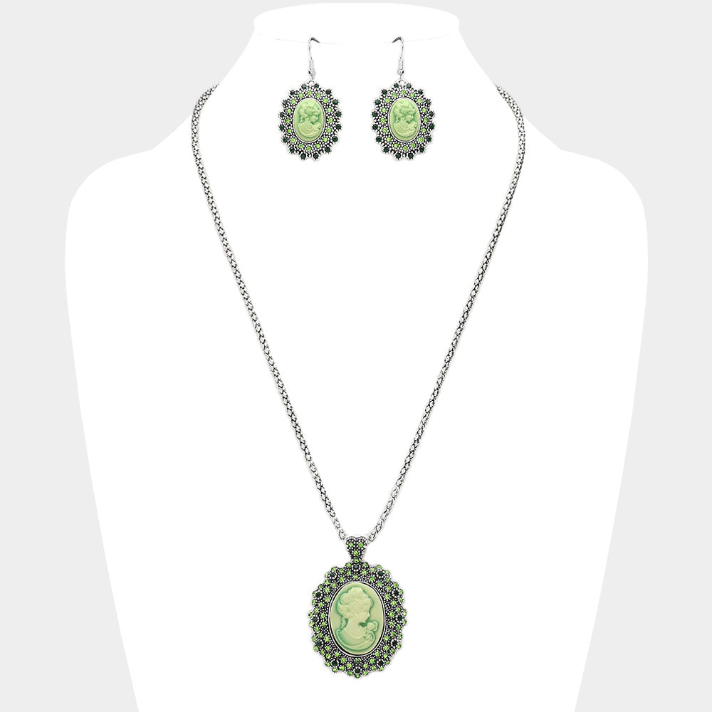 Madeline Love Green Rhinestone Paved Cameo Pointed Pendant Necklace - Jewelry