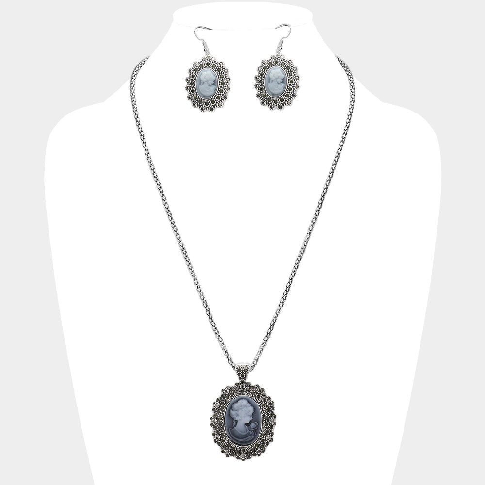 Madeline Love Gray Rhinestone Paved Cameo Pointed Pendant Necklace - Jewelry