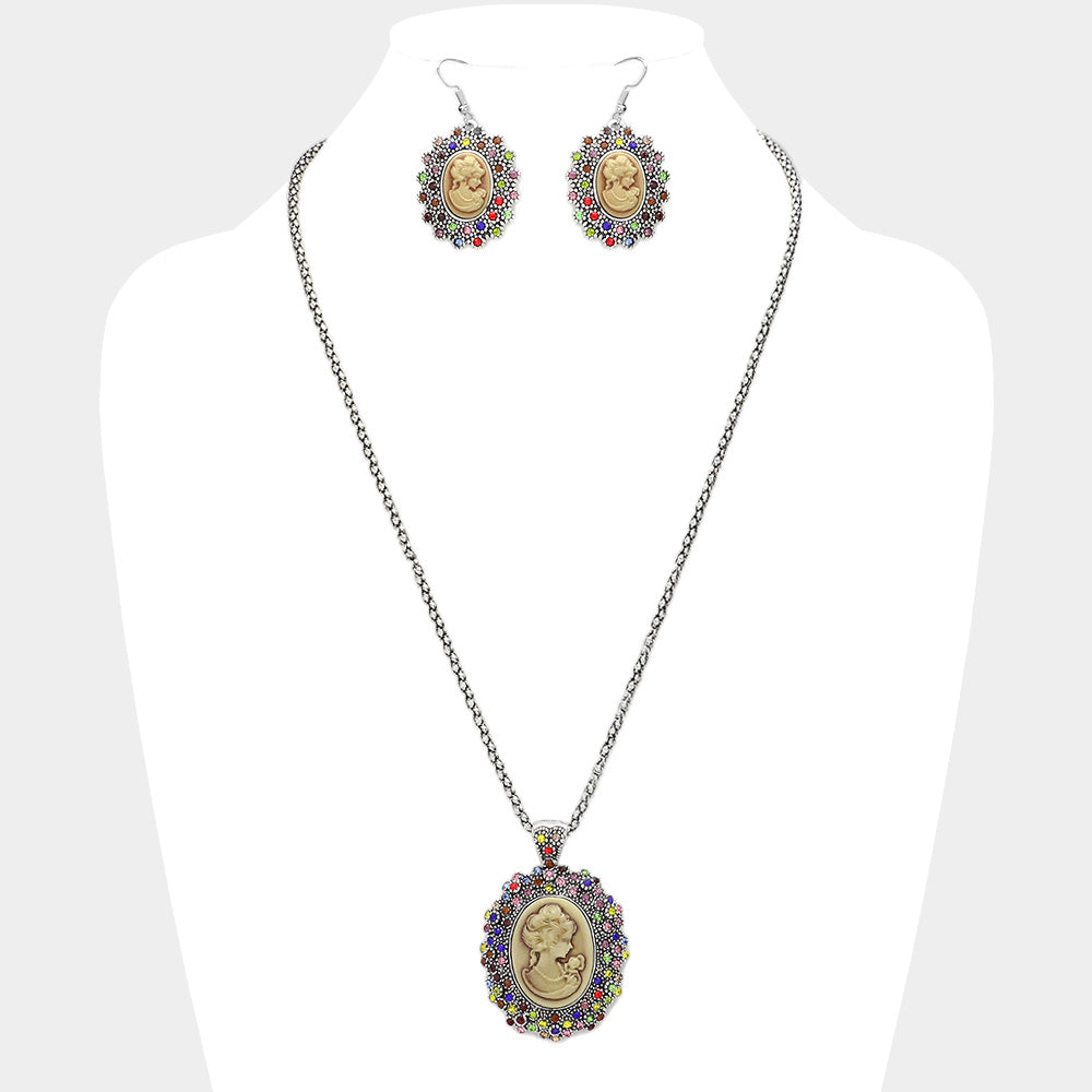 Madeline Love Mustard Rhinestone Paved Cameo Pointed Pendant Necklace - Jewelry