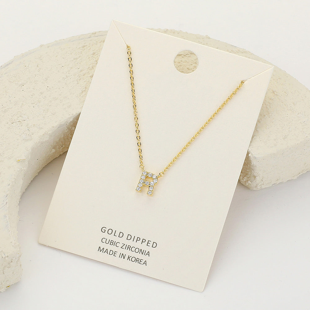 Madeline Love ~R~, Clear, Gold -R- CZ Stone Paved Initial Monogram Pendant Necklace - Necklaces