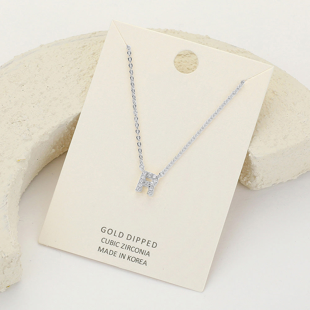 Madeline Love ~R~, Clear, Rhodium -R- CZ Stone Paved Initial Monogram Pendant Necklace - Necklaces