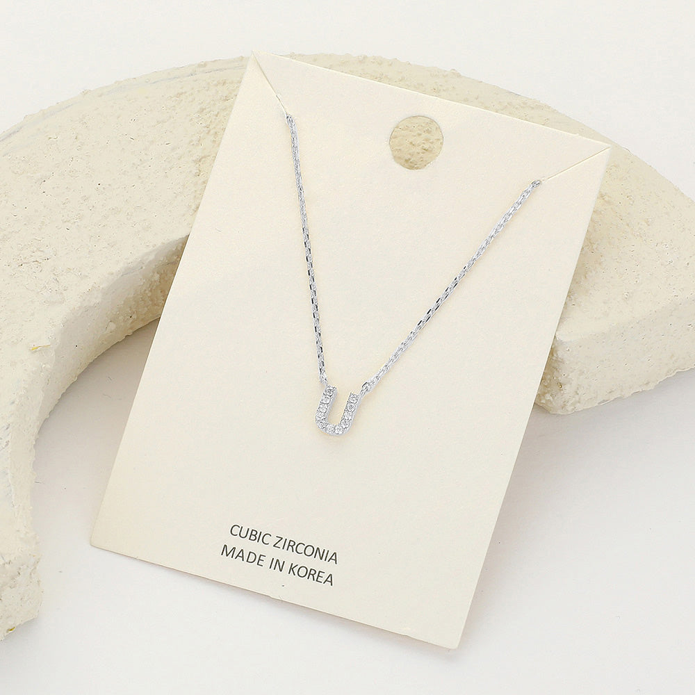 Madeline Love ~U~, Clear, Rhodium -U- CZ Stone Paved Initial Monogram Pendant Necklace - Necklaces