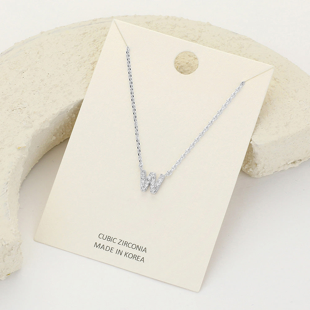 Madeline Love ~W~, Clear, Rhodium -W- CZ Stone Paved Initial Monogram Pendant Necklace - Necklaces