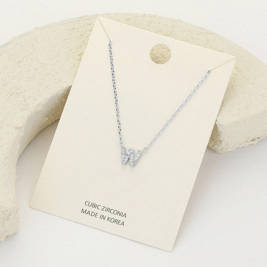 Madeline Love ~W~, Clear, Rhodium -W- CZ Stone Paved Initial Monogram Pendant Necklace - Necklaces
