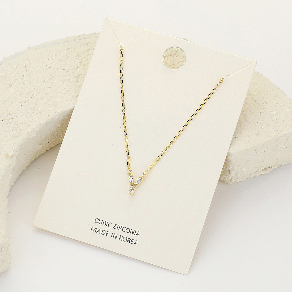 Madeline Love ~Y~, Clear, Gold -Y- CZ Stone Paved Initial Monogram Pendant Necklace - Necklaces