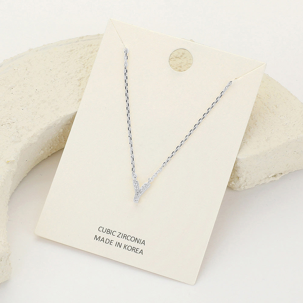 Madeline Love ~Y~, Clear, Rhodium -Y- CZ Stone Paved Initial Monogram Pendant Necklace - Necklaces