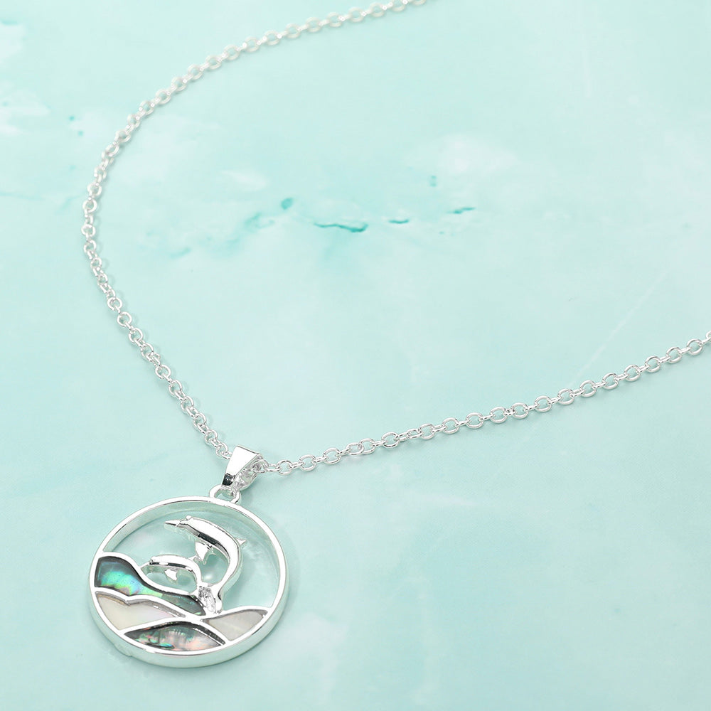 Madeline Love Multi, Silver Abalone Double Dolphin Wave Round Pendant Necklace - Jewelry