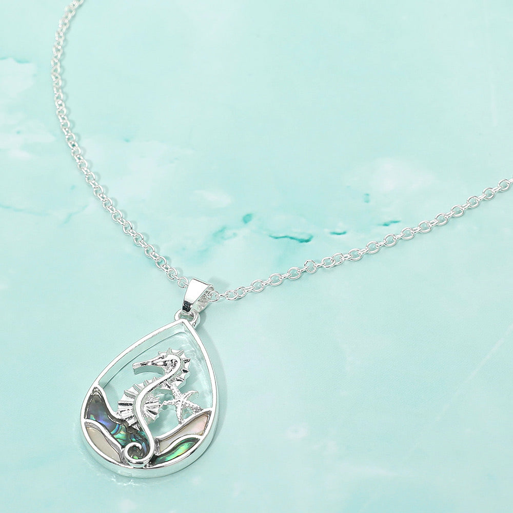 Madeline Love Multi, Silver Abalone Seahorse Starfish Wave Teardrop Pendant Necklace - Jewelry