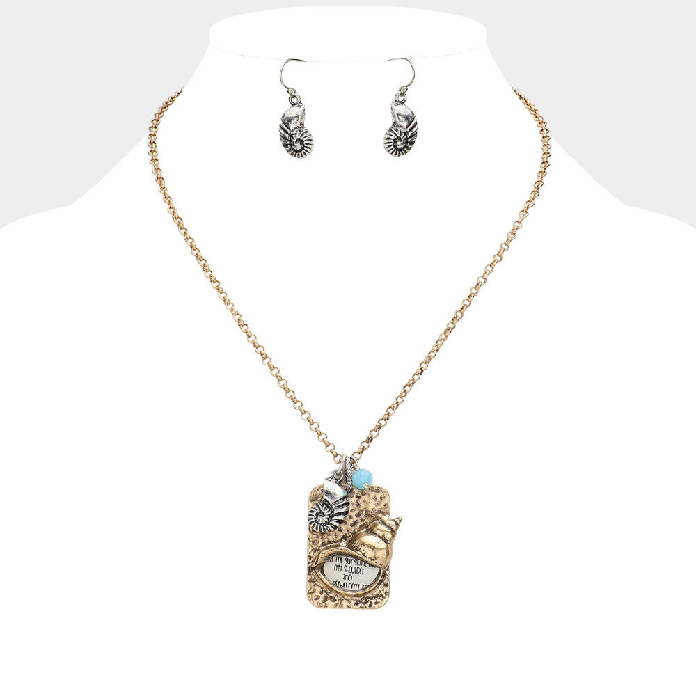 Gold Burnished, Silver Burnished Hammered Metal Shell Charm Pendant Necklace
