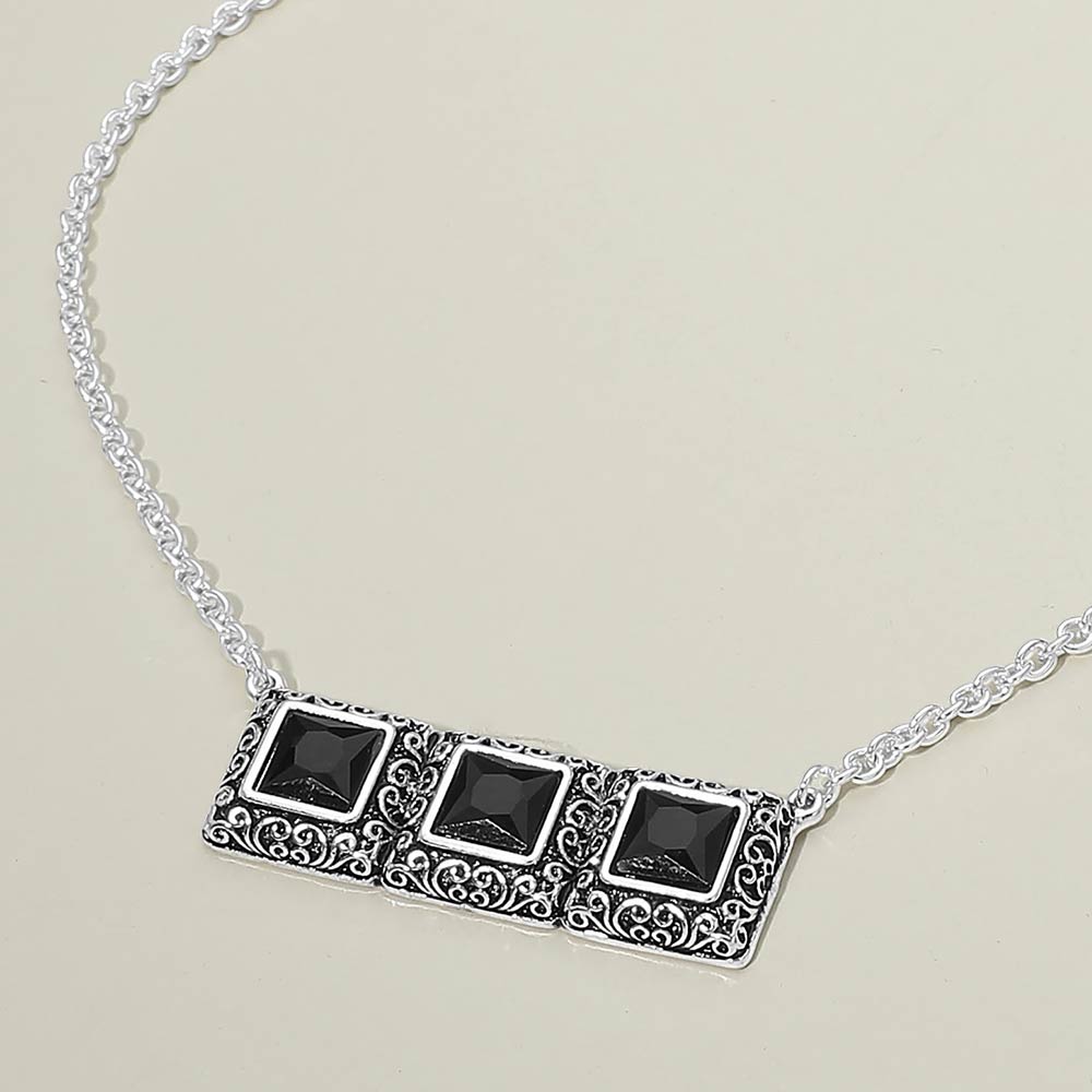 Madeline Love Antique Silver, Black Triple Antique Metal Scrollwork Frame Square Tile Pendant Necklace - Jewelry