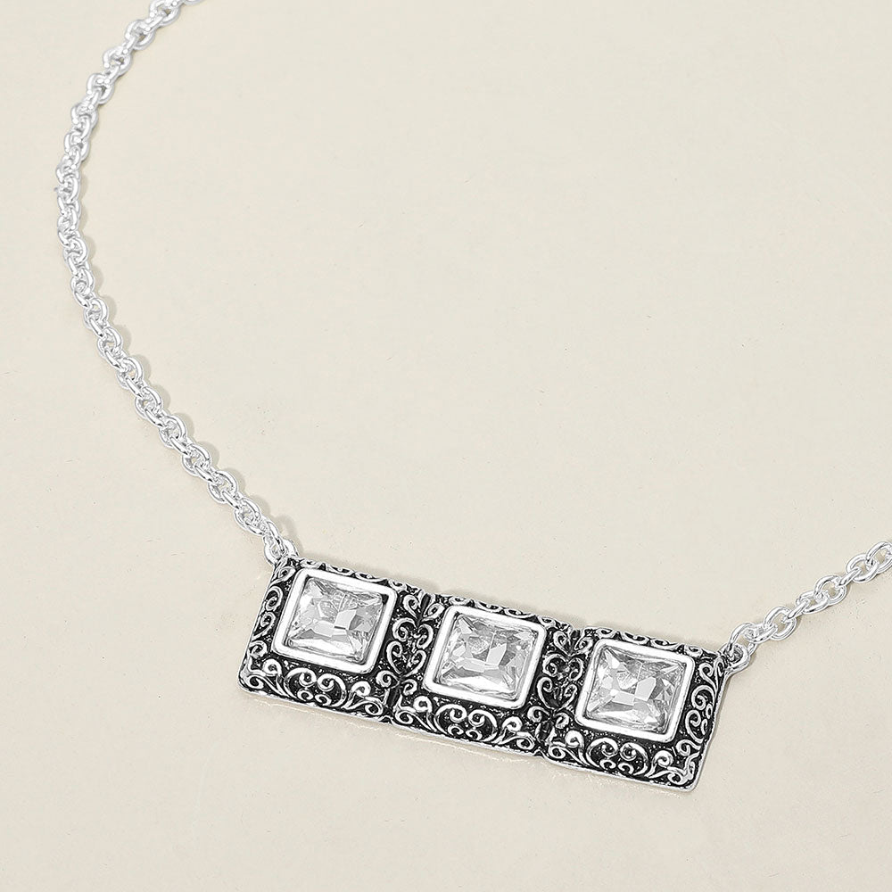 Madeline Love Antique Silver, Clear Triple Antique Metal Scrollwork Frame Square Tile Pendant Necklace - Jewelry