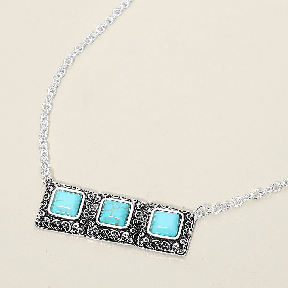 Madeline Love Antique Silver, Turquoise Triple Antique Metal Scrollwork Frame Square Tile Pendant Necklace - Jewelry