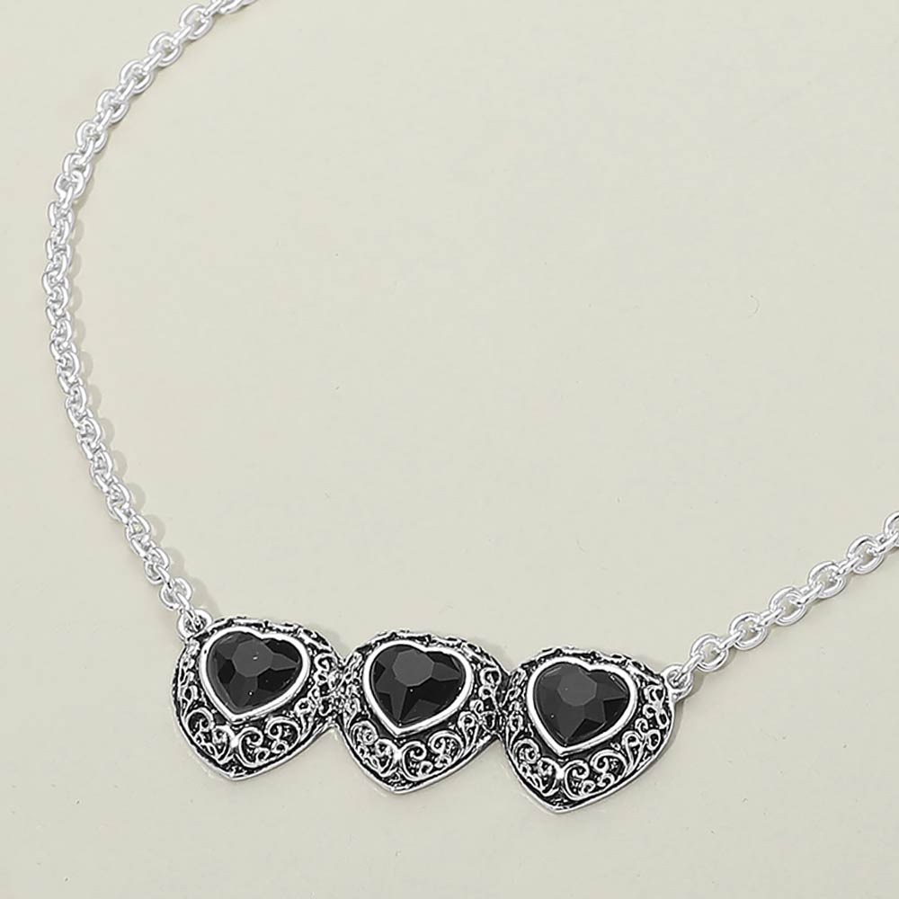 Madeline Love Antique Silver, Black Triple Antique Metal Scrollwork Frame Heart Tile Pendant Necklace - Jewelry